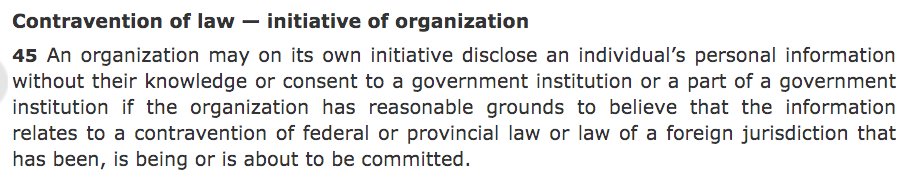 There are several instances throughout  #CPPA  #C11 where they seem to place unbelievable faith in assumed good judgment of commercial orgs and their ability to make legal determinations ("reasonable grounds"). How won't this result in racist vigilante business "initiative"? (1/3)