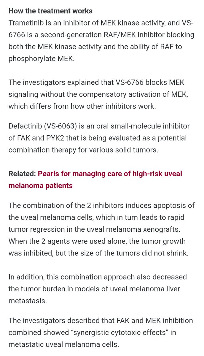 CrozrX's tweet photo. @alexshoushtari @jasonlukemd @DrSapnaPatel @MelanomaReAlli @amenzies9 @DrBetofMDPhD @AdilDaud3 @ragikudchadkar @PAscierto @CureMelanoma @Immunocore @UPMCHillmanCC @HTawbi_MD More good news for #Uvealmelanoma #UM MAPK /FAKi combo study. 
https://t.co/2aCRYwPUR2
And recent @AACR journal article covering the same topic! This combination approach also decreased the tumor burden in models of uveal melanoma liver metastasis. https://t.co/314WrSQADN