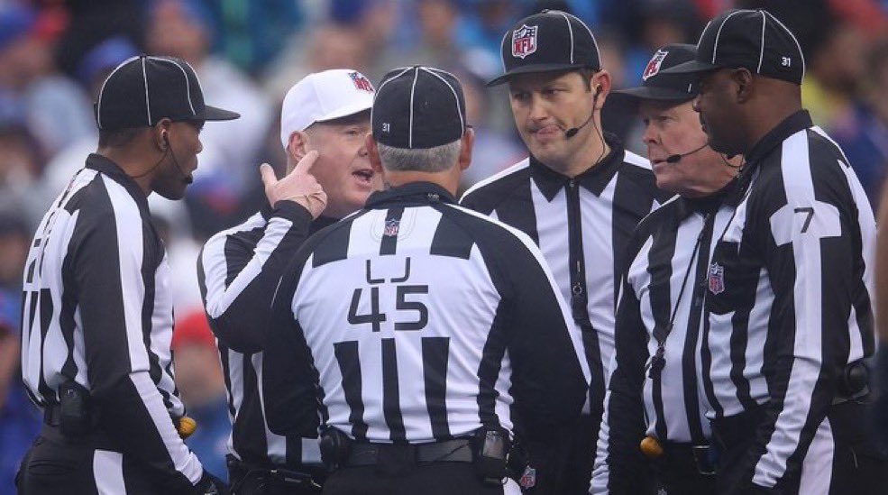 “Hey are they allowed to pass it twice?”
“No.”
“But it was Tom Brady...”
“Oh damn...maybe it is okay.”
“No guys, we can’t give him this one.”
“You sure? We could just say it was all part of one giant pass or something.”
“No. Flag him.” 
“Ugh fine. But this doesn’t seem right.”