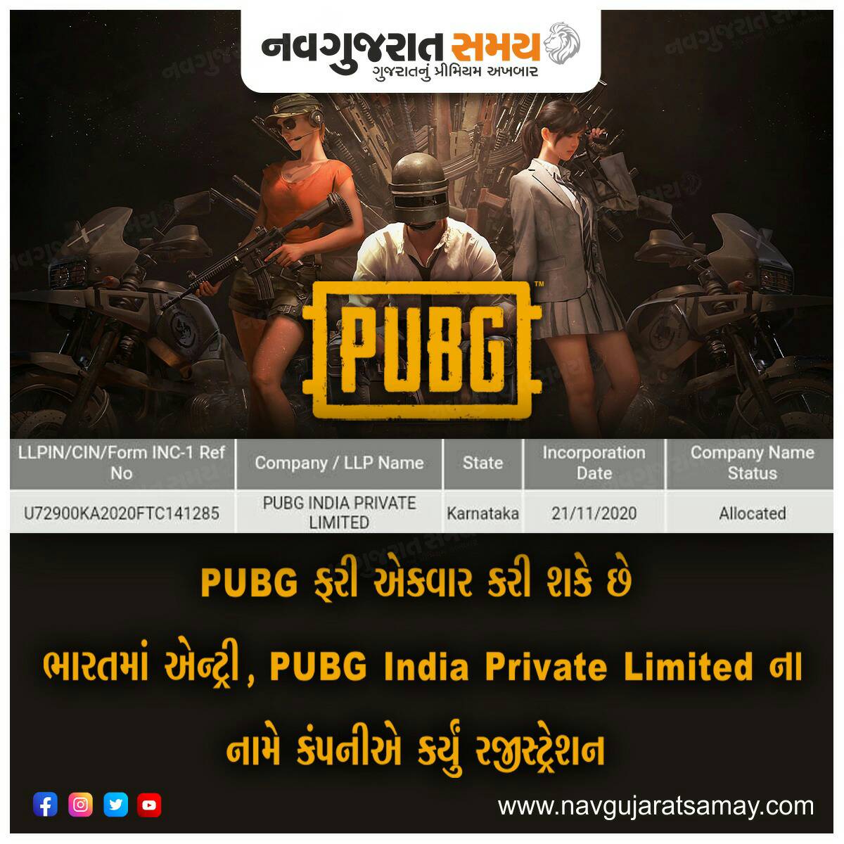 navgujaratsamay's tweet photo. PUBG is all set to be back in India!!, new company registered under the name "PUBG India Private Limited"
@pubgmobile_in @pubgmobile @pubg
#pubg #pubgindia #pubgmobile #mobilegaming #phone #onlinegame #pubgisback #companyregistration #newgame #gamers #winnerwinnerchicken https://t.co/flZyX3VKGN