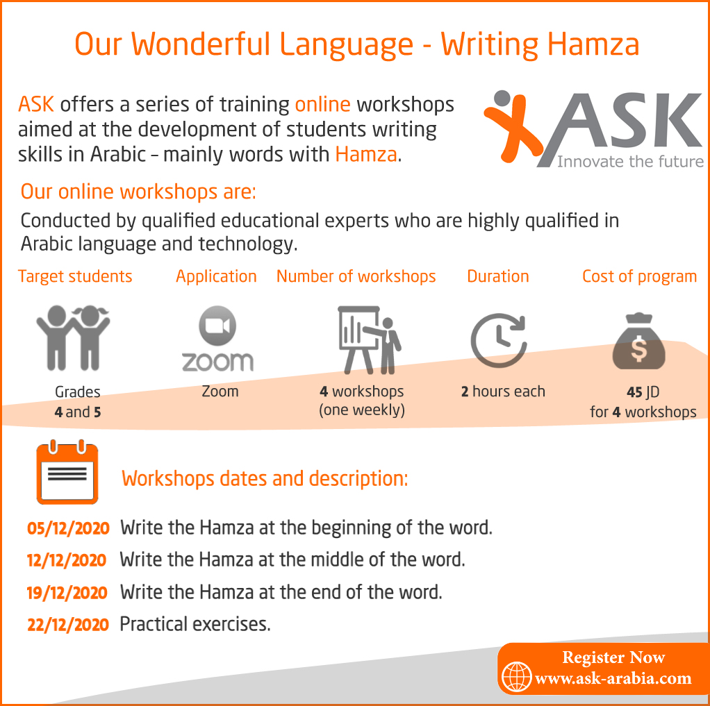 ask_arabia's tweet photo. Our #Wonderful_Language
#Writing_Hamza
ASK offers a series of training online workshops aimed at the development of students writing skills in Arabic – mainly words with Hamza.
For registration, please visit this link:
https://t.co/BS3l7cPaNy https://t.co/ISEN2VEc0s