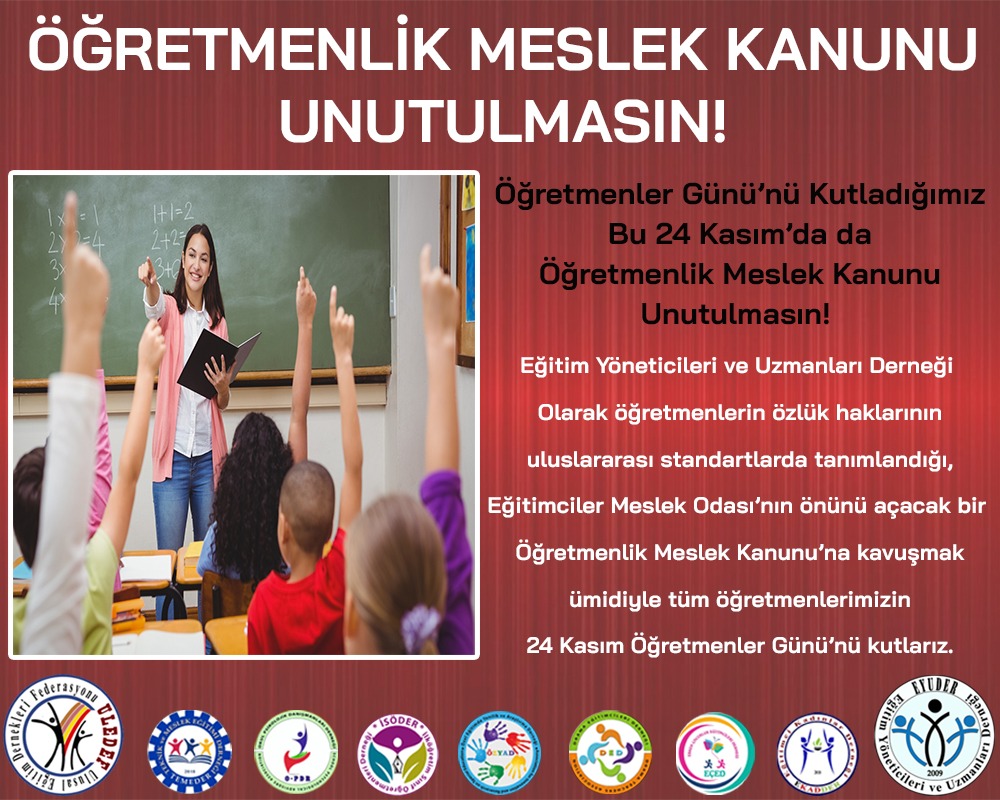 Öğretmenlerimiz için anlamlı bu günde verilen sözlerin icraata dönmesini talep ediyoruz.
#ÖğretmenlikMeslekKanunuUnutulmasın
#EğitimcilerMeslekOdasıİstiyoruz
#benimoğretmenim 
#24Kasım