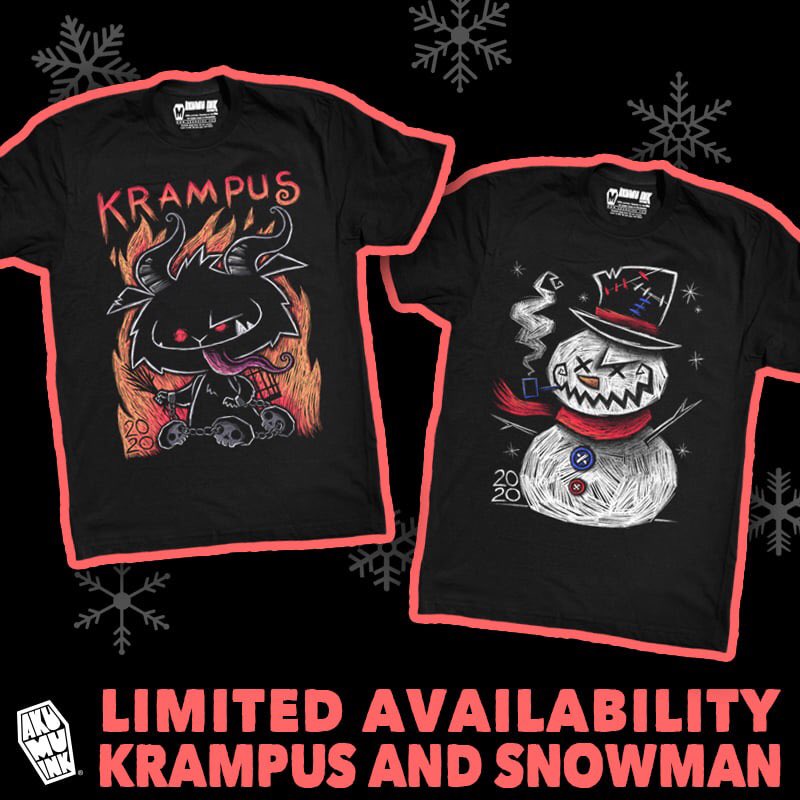 AkumuInk's tweet photo. 2 NEW limited edition Holiday designs are available: KRAMPUS &amp; SNOWMAN, (dated 2020 on each design). Available on shirts and hoodies now until 20 December 2020: https://t.co/h2TIygEhc5 https://t.co/ZZTiMWlP8V