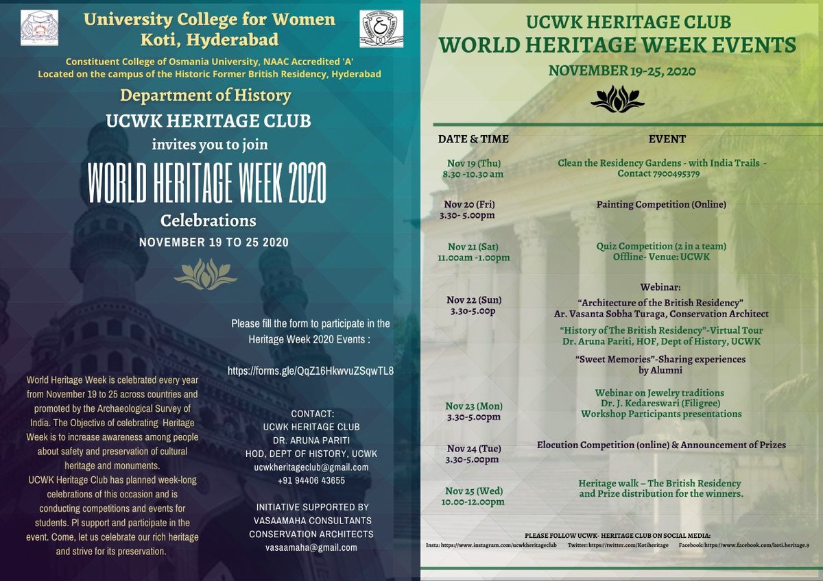 Kotiheritage's tweet photo. UCWK Heritage Club #worldheritageweek 
Day 5: Elocution Competition at 3.30 PM today, Nov 24. Speak in any language on Topic:Is  there a need to preserve our Heritage. Pl join. https://t.co/g1Ho9aExjc
@Andrew007Uk @arvindkumar_ias @OsmaniaOfficial @Ilovehyderabad 
@IndiatourismH https://t.co/gnRzYpcQdJ
