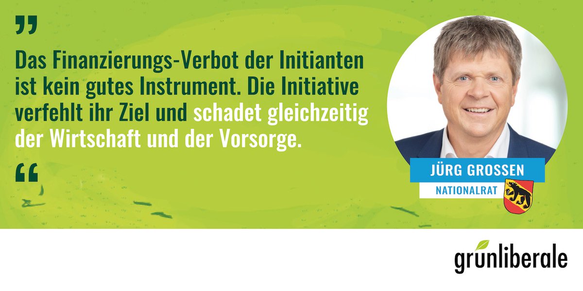 Nein zur Initiative für ein Verbot der #Kriegsmaterialfinanzierung! «Das Finanzierungs-Verbot der Initianten ist kein gutes Instrument. Die Initiative verfehlt ihr Ziel und schadet gleichzeitig der Wirtschaft und der Vorsorge.» – <a href="/Juerg_Grossen/">Jürg Grossen</a>. Stimm noch heute brieflich ab!✉️📯