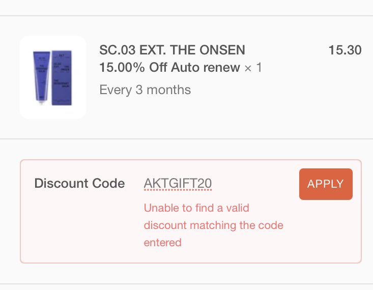 carolinebs20's tweet photo. @akt_ldn Good morning! Trying to order subscription but getting a message that the discount code I received AKTGIFT20 is invalid. Can you help? https://t.co/mqIFnAcNiZ