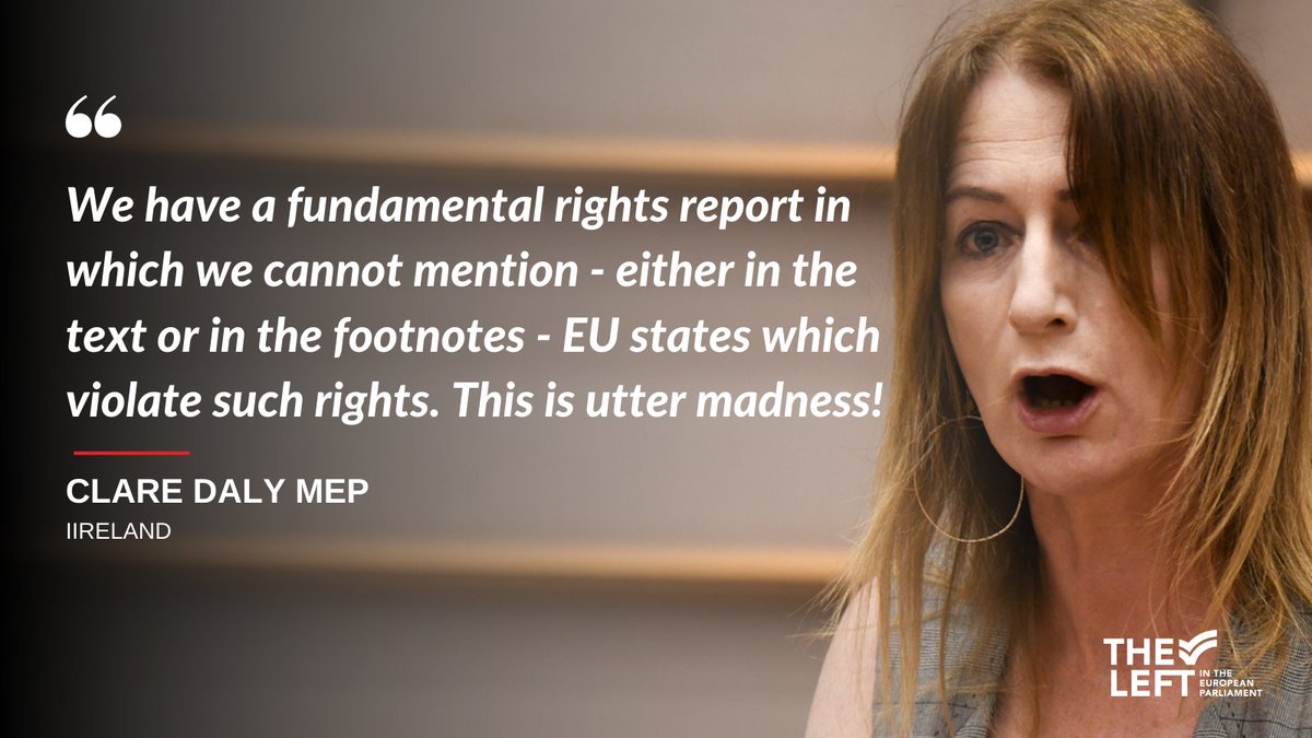 Left_EU's tweet photo. "Fundamental rights should transcend self-interests &amp; political game play," says @ClareDalyMEP in #EPlenary as she condemns the biggest political groups of colluding to hollow out her report. 

"I deeply regret the report's weakness &amp; failure in naming &amp; shaming EU countries." https://t.co/YMtYqi4rTk