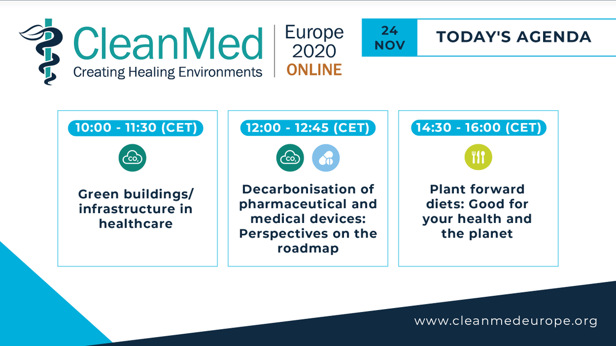 CleanMedEurope's tweet photo. It is day 2⃣ of #CME20! Here’s an overview of the sessions coming up today:
🏥Green buildings/infrastructure in #healthcare
💊Decarbonisation of pharmaceutical and medical devices
🌱Plant forward diets: Good for your #health & the planet
Sign up: https://t.co/Un4UT7GuQJ https://t.co/fOgkomGKxQ