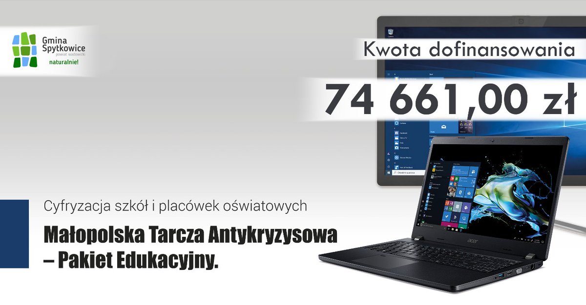 <a href="/gminaspytkowice/">Gmina Spytkowice</a> pozyskała 74 661 zł w ramach projektu „Małopolska Tarcza Antykryzysowa - Pakiet Edukacyjny. Cyfryzacja szkół i placówek oświatowych” na zakup sprzętu komputerowego do prowadzenia zajęć online.

tiny.pl/78rkq | spytkowice.net.pl