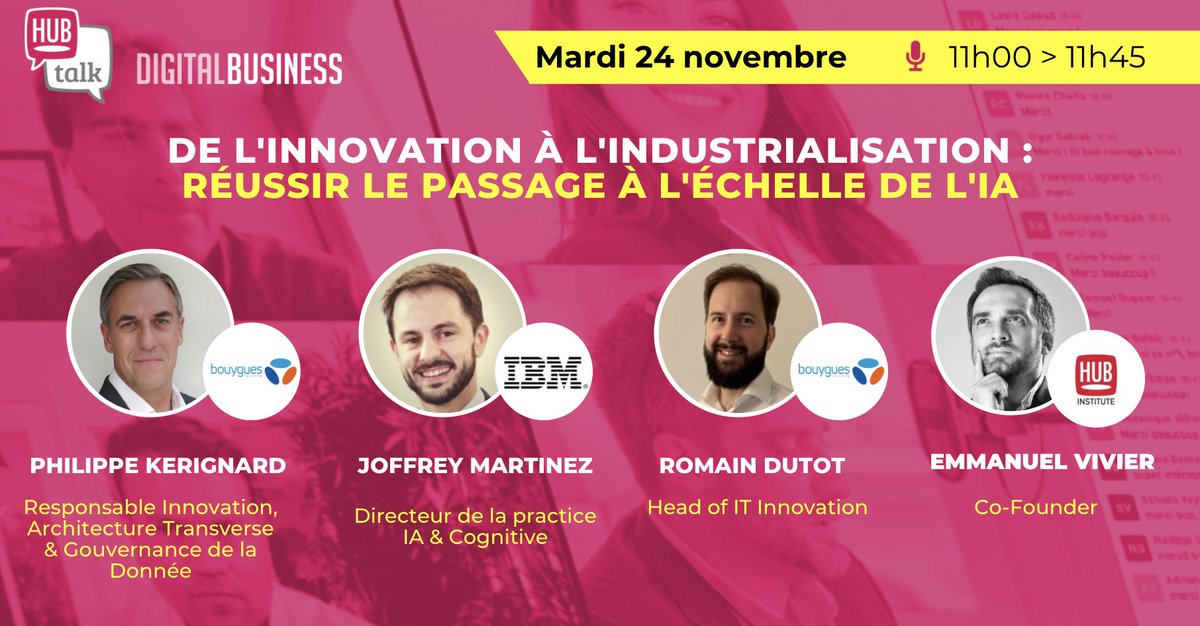 emmanuelvivier's tweet image. [H-1] Venez découvrir des cas concrets d'industrialisation de l'#IA et écouter le témoignage de @bouyguestelecom

S'inscrire👉hubs.ly/H0Bq_pX0
#IA #transformation #industrialisation #chatbot #CX