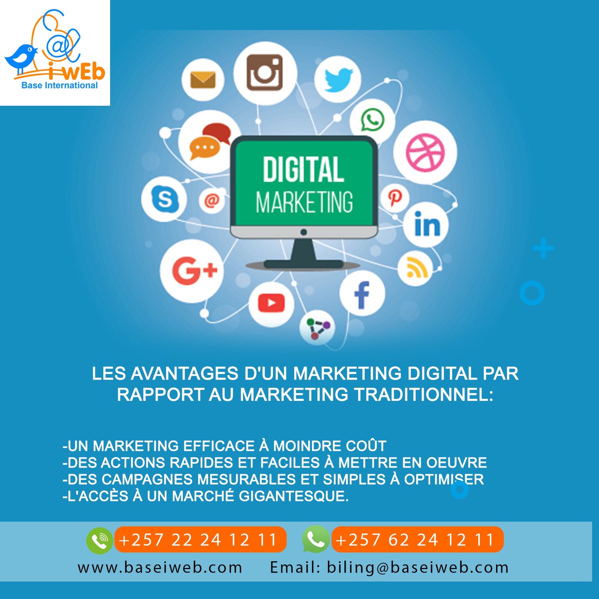 BaseiWeb's tweet photo. Les avantages d'un marketing digital par rapport au marketing traditionnel:

-Un marketing efficace à moindre coût 
-des actions rapides et faciles à mettre en oeuvre
-des campagnes mesurables et simples à optimiser
-l'accès à un marché gigantesque. #MarketingDigital https://t.co/8rD8qRXQ8n