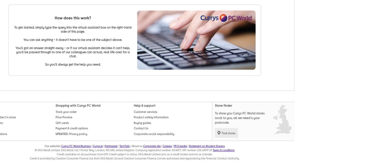 whittid4's tweet photo. @curryspcworld Does WebChat work? Nothing on the right-hand side 🤷

"To get started, simply type the query into the virtual assistant box on the right-hand side of this page" https://t.co/zluQeJoKPC