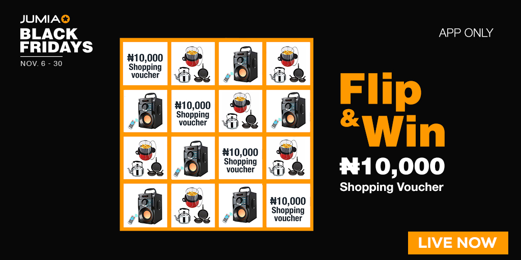 JumiaNigeria's tweet image. Game Time Jumia Fam! Let's play😎😎
Click=&amp;gt;bit.ly/3fuaV1e to flip &amp;amp; win a N10K shopping voucher. RT, Like &amp;amp; Reply with screenshots of your prize using #JumiaBlackFridays
Winner announced Nov.29th