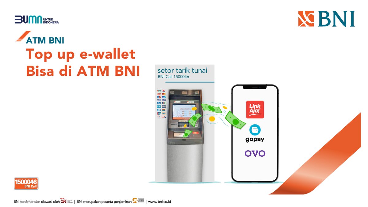 BNI's tweet photo. Siapa nih yang sering banget pake e-Wallet? Sekarang untuk top up e-Wallet jadi lebih mudah melalui ATM BNI loh. Jadi, transaksi apapun sekarang jadi lebih mudah dengan ATM BNI. Yuk, langsung top up e-Wallet kamu sekarang juga!
#BNI46 #BUMNUntukIndonesia #ATMBNI #Jalin #ATMLink https://t.co/AZXWJk6XzU