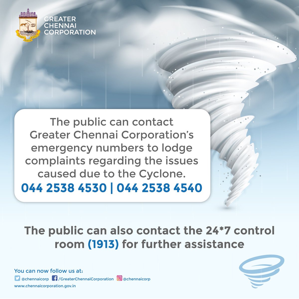 chennaicorp's tweet image. Cyclone Helpline ⛈️📞

044 2538 4530

044 2538 4530
044 2538 4540 
1913 (24*7)

Contact Greater Chennai Corporation’s emergency numbers to lodge complaints regarding the issues caused due to the Cyclone. 

#NivarCyclone
#HereToServe
#GCC #Chennai 
#ChennaiCorporation