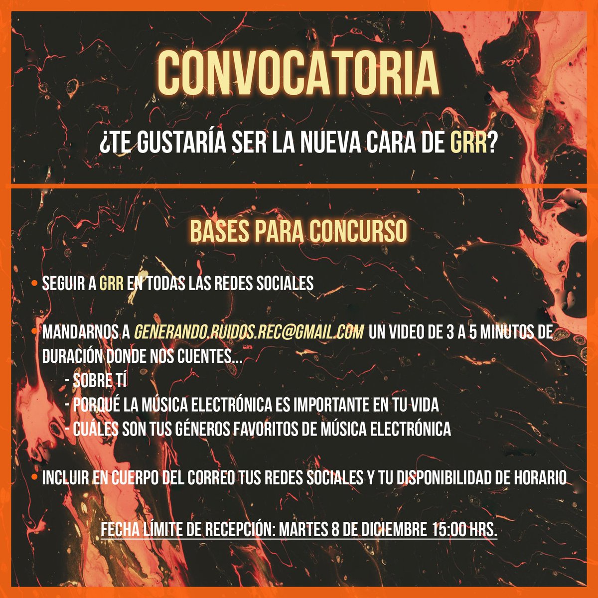 A partir del lunes 14 de diciembre daremos a conocer a los 4 mejores participantes y la familia GRR nos ayudará a elegir quien será nuestra nueva imagen.

¡No pierdas esta oportunidad!

#EDMFamily #music