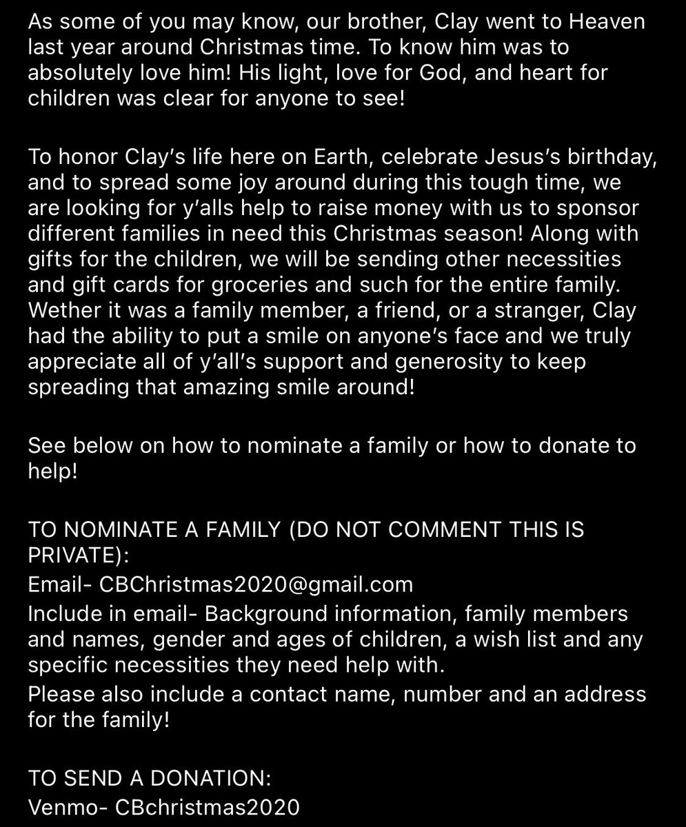 As some of you may know, our brother, Clay went to Heaven last year around Christmas time. To know him was to absolutely love him. His light, love for God, and heart for children was clear for anyone to see. We are looking for y’alls help to raise money with us... read more below