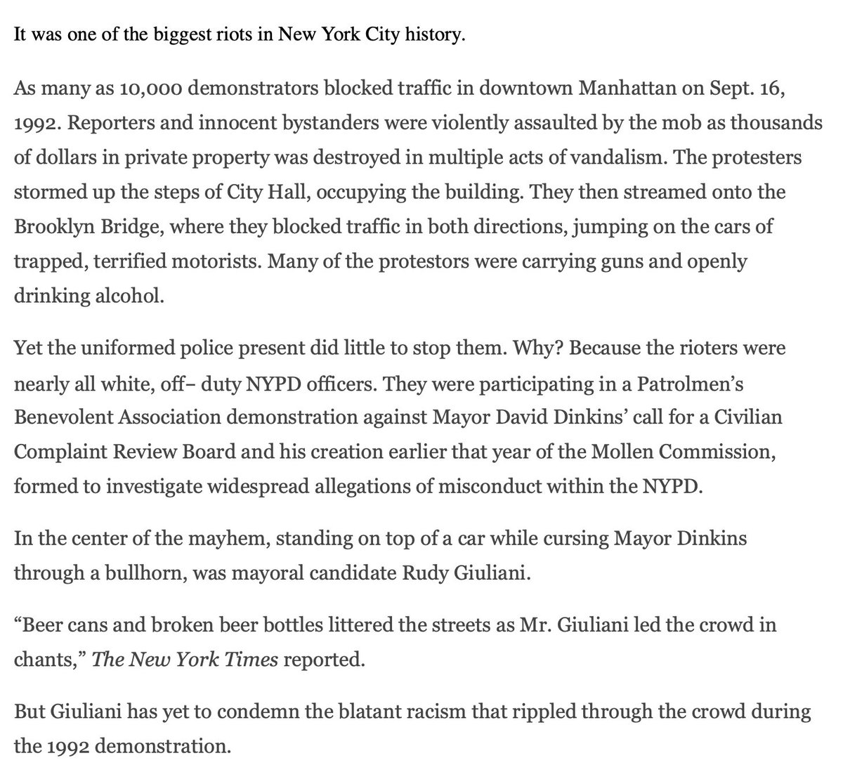 yashar's tweet image. In 1992, @RudyGiuliani led a horrifically racist riot against then Mayor David Dinkins. 

He has never apologized for his role in it nor has he condemned anyone who was involved in it. 

Details from the Cato Institute and the late, great Jimmy Breslin: 

cato.org/publications/c…