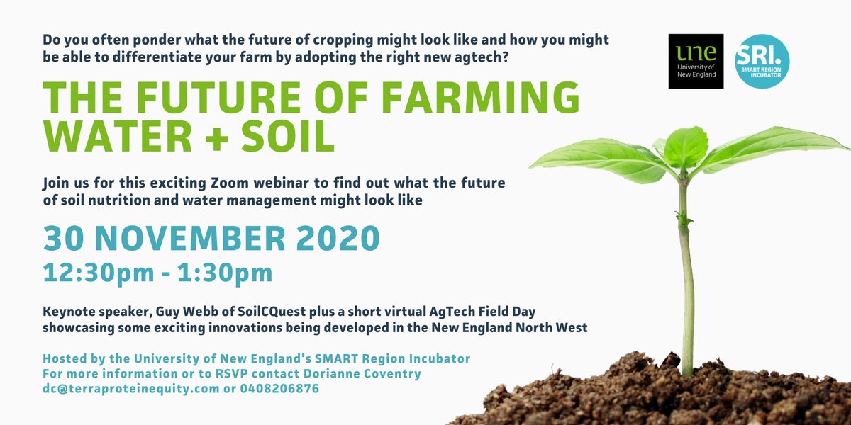 An exciting panel of experts and cutting edge agtech businesses explore what the future of soil and water management might look like.

Register here 👉 eventbrite.com.au/e/the-future-o…

@soilcquest #soil #farming #carbon #sequestration #water #agtech
