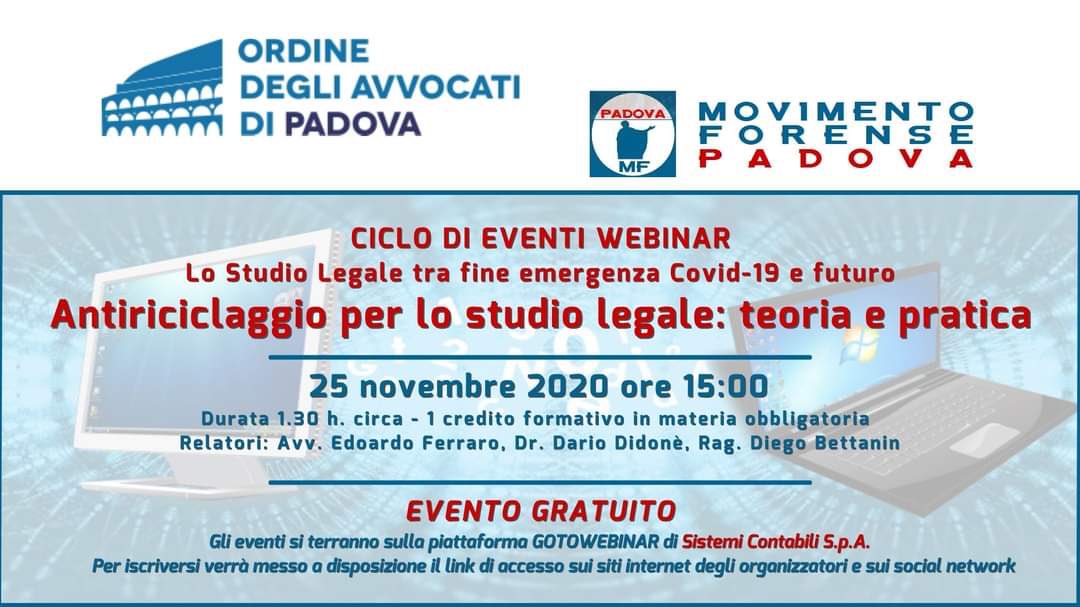 Movforense's tweet photo. Movimento Forense #Padova ciclo di #webinars 25 novembre e 9 dicembre ore 15:00 #savethedate @MCesali @radiotribunale  @Avv_E_Ferraro @MovforensePD https://t.co/mqAJGjlfE1