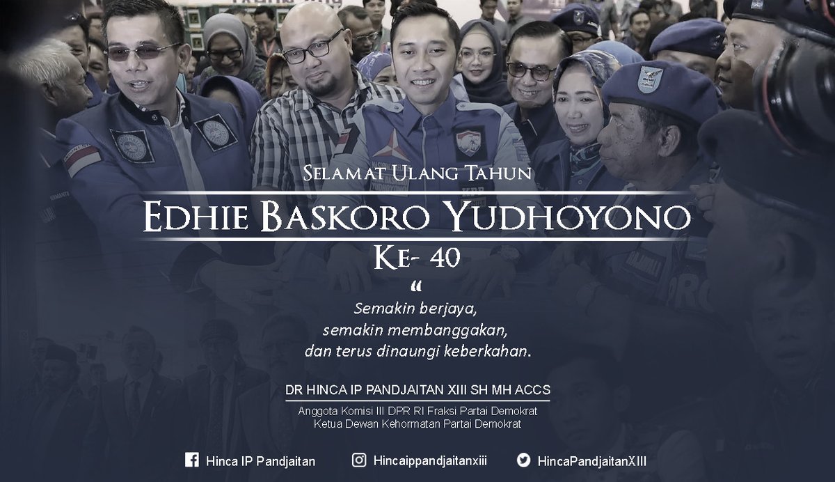 Selamat ulang tahun untuk ketua <a href="/FPD_DPR/">Fraksi Partai Demokrat DPR-RI</a> <a href="/Edhie_Baskoro/">| iBas Yudhoyono |</a> semoga sehat dan bahagia selalu. Bangga untuk terus memperjuangkan harapan rakyat di senayan dalam kepemimpinan beliau.