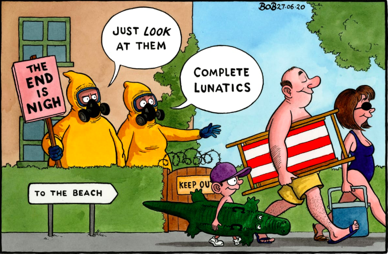 MartinDaubney's tweet photo. This cartoon, from back in June, was meant to be a joke; about a Dystopian future where populations live in fear &amp; are judgmental of others who pursue basic freedoms

But we're there. We've lost more liberty in 5 months than I've ever seen in my entire life #NoMoreLockdowns https://t.co/grBKqawbsG