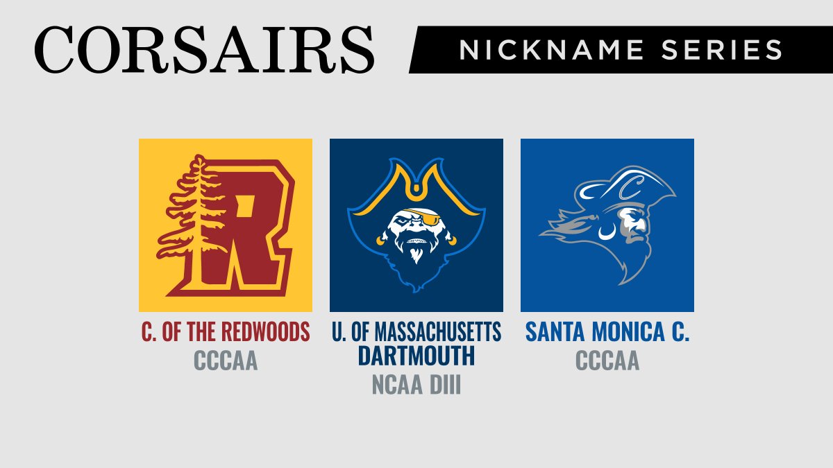  #corsairs are ships, planes, or pirates, some with French origins. C. of the Redwoods picked Corsairs since the first 3 letters match the school's initials. They eventually adopted their local giant trees as their mascot. UMassD honors a president that flew fighter planes in WW2.