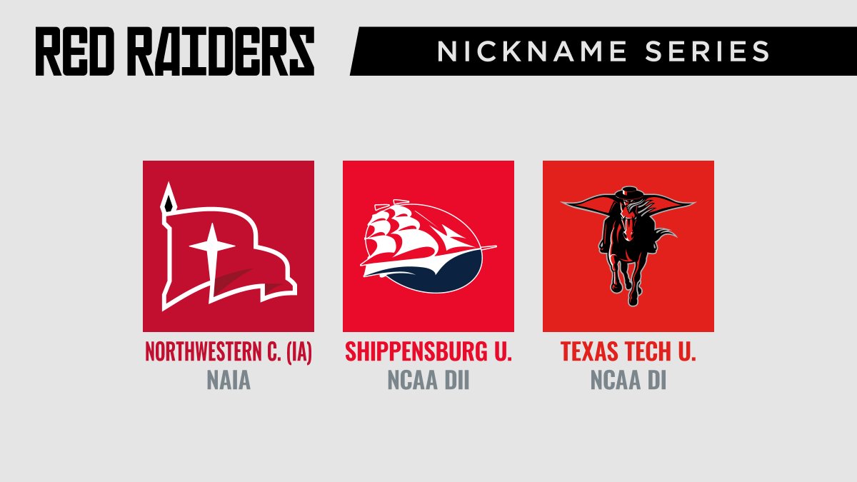 With 3  #redraiders, they get their own entry. Texas Tech's Red Raiders draws from once being the Matadors & their Spanish architecture. Shippensburg adopted the ship logo in '93 in connection with their school's nickname, "Ship". Don't think Northwestern ever had a mascot.