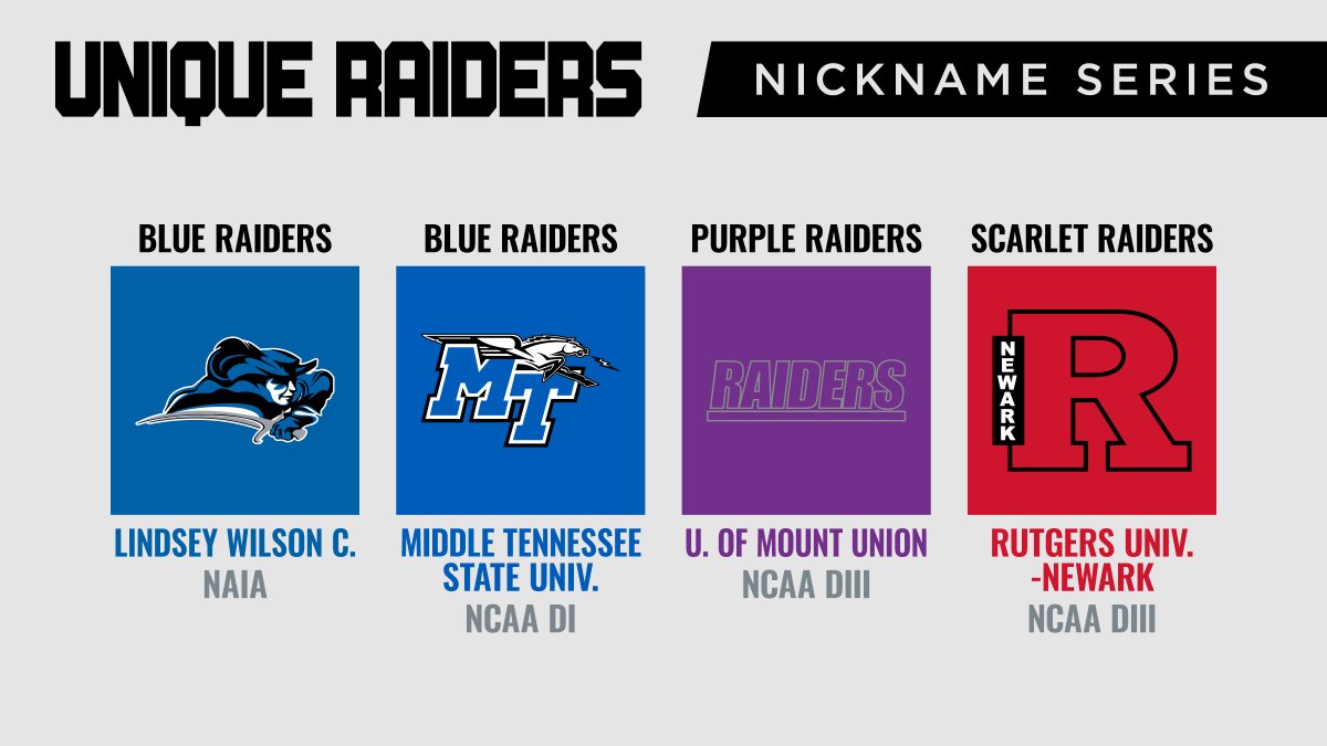 There are some additional  #raiders that are color-themed. MTSU borrowed from Colgate's Red Raiders & replaced it with blue, a school color. They adopted the winged horse in '98. I'm confident that Mount Union discontinued their sword logo. Rutgers-Newark is working on a new one.