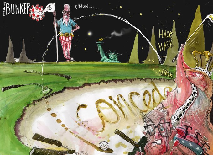 Dodgy Donald on the golf course digging himself a YUUUUGE hole