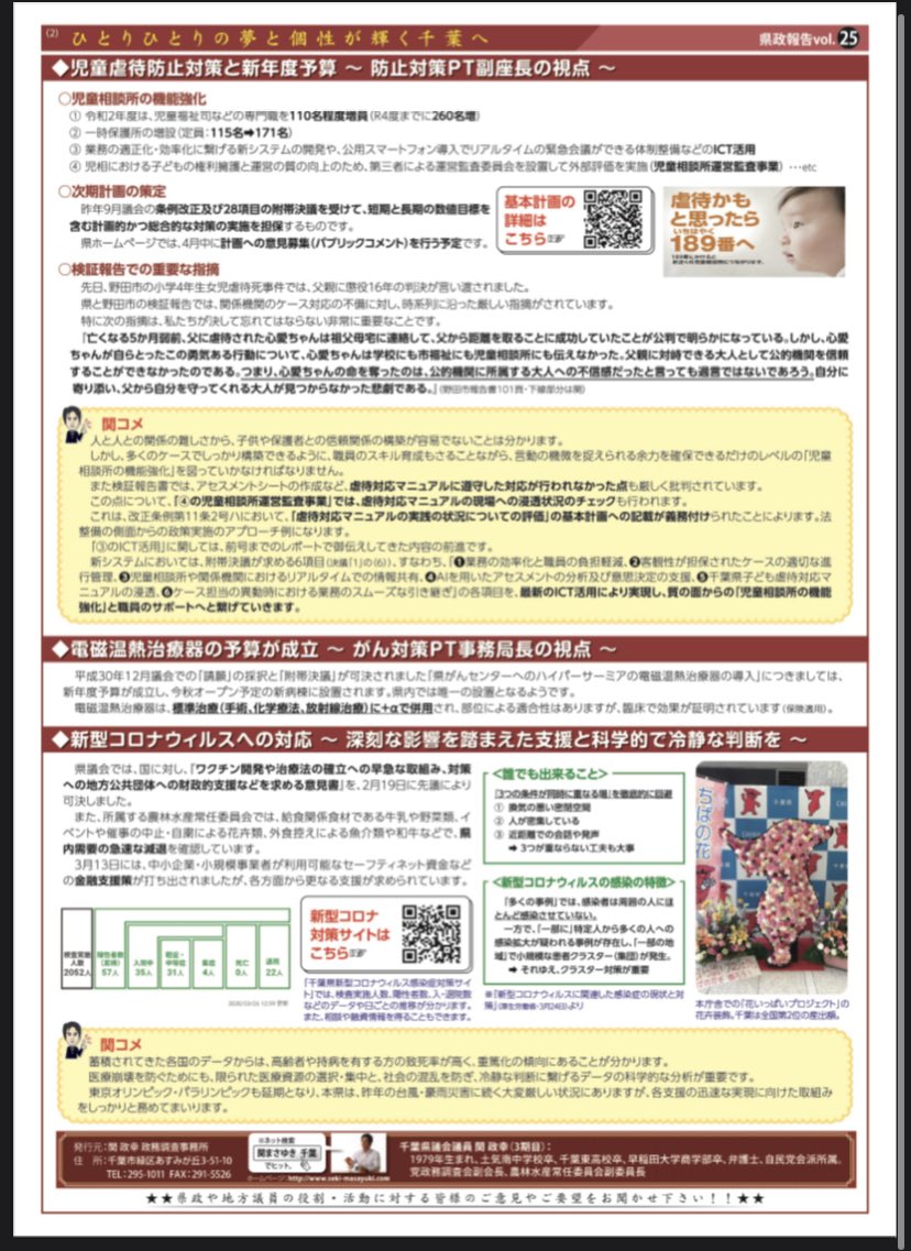 関 千葉県政応援 関政幸議員の公約実行 県政レポート 台風 豪雨災害への復旧 復興支援 女児虐待死事件を受けての再発防止策 電磁温熱治療器の導入予算の成立 新型コロナウィルスへの対応 千葉県知事選挙 千葉 関政幸 コロナ 熊谷 自民党 関 千葉県政応援 関政幸議員の公約実行 県政レポート 台風 豪雨災害への復旧 復興支援 女児虐待死事件を受けての再発防止策 電磁温熱治療器の導入予算の成立 新型コロナウィルスへの対応 千葉県知事選挙 千葉 関政幸 コロナ 熊谷 自民党