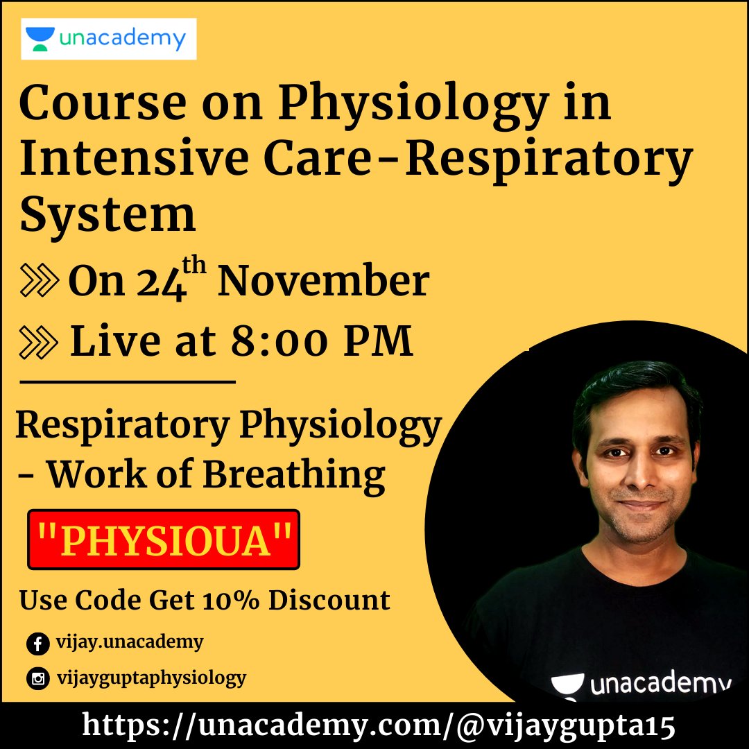 vijaygupta01's tweet photo. Course on #Physiology in Intensive Care -Respiratory System

Lesson 2: #RespiratoryPhysiology - Work of Breathing

Nov 24th, 2020 at #Unacademy

At: 8:00 PM

Join with this link: https://t.co/X1MBYZSrl2

Use Code: "PHYSIOUA"

Get a discount of 10%

#vijayguptaphysiology #NEETPG https://t.co/us4NaOSfWw