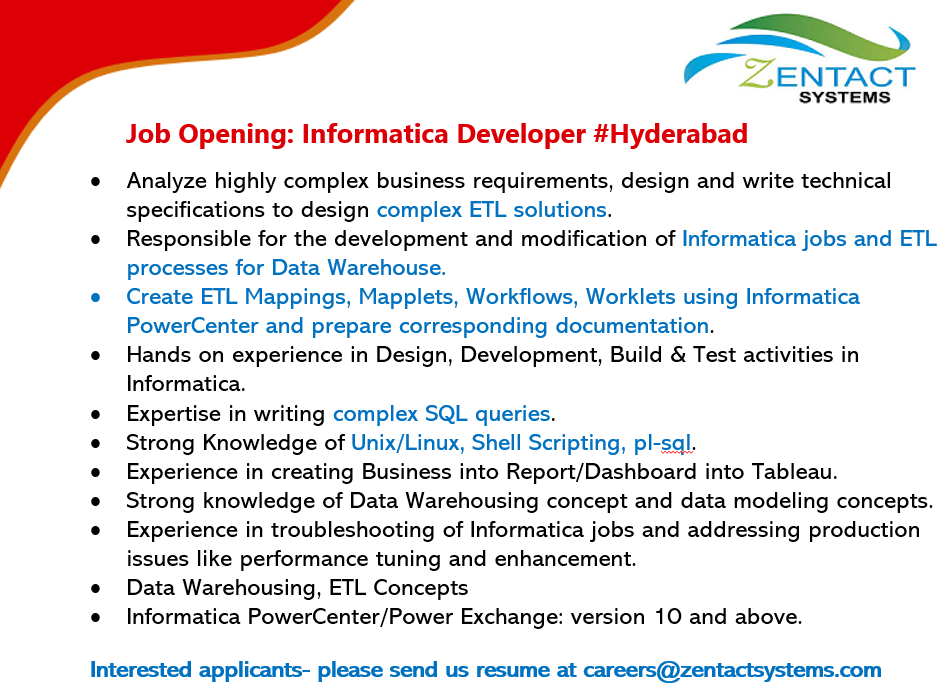 Zentactsystems's tweet image. Hiring #Informatica_Developer Permanent #Hyderabad
#Informatica_PowerCenter #SQL_Queries
#ETL_Mappings #Shell_Scripting #data_modeling_concepts
#Cloud_ecosystems #AWS
Interested applicants- please send us resume at careers@zentactsystems.com
#ZENTACTSYSTEMS 
#RT_PLS