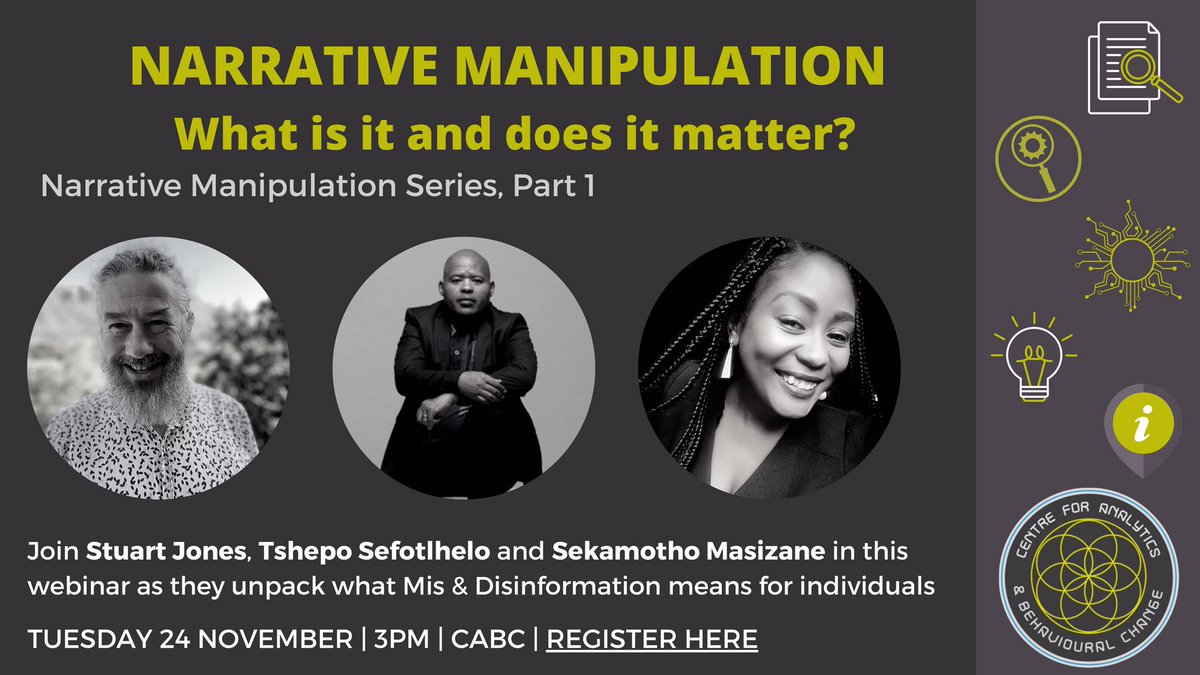 Our CEO, <a href="/TshepoSefo/">Tshepo Sefotlhelo</a> will be part of the Narrative Manipulation Series, Part 1 Webinar, alongside Stuart Jones and Sekamotho Masizane this afternoon. 
 
The discussion will focus on: Unpacking what Mis &amp; Disinformation means for individuals. Register here: my.demio.com/ref/C5mAIycqVF…
