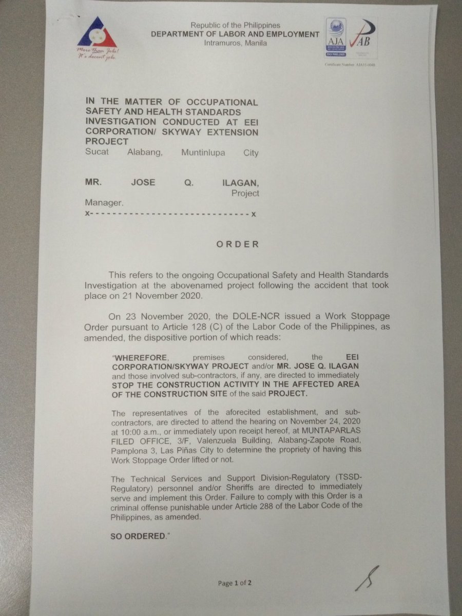 DOLE partially lifts work stoppage vs EEI Corporation, the contractor involved in the accident in Skyway which killed 1 and injured 4 others. Work stoppage order now limited to the affected area only. | via @zenhernandez https://t.co/uQZcr3wI6W
