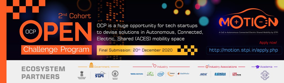 STPIPune's tweet image. #STPIMOTION, a CoE in Automotive has come up with the second #OpenChallengeProgram to select 2nd cohort of start-ups in the field of Autonomous, Connected, Electric &amp;amp; Shared Mobility.  

Apply now on motion.stpi.in/apply.php 

#STPICoEs #STPIINDIA #STPIstartupecosystem