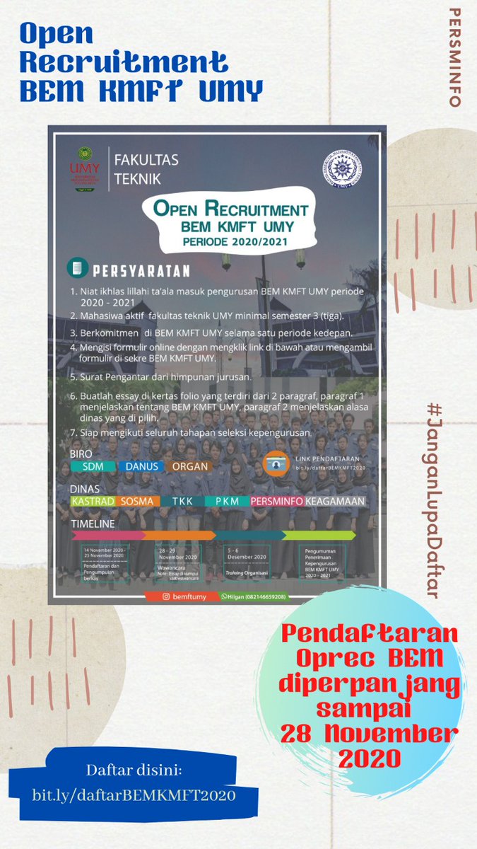 Oprec BEM KMFT diperpanjang sampai 28 November 2020... 

Jangan Lupa Daftar