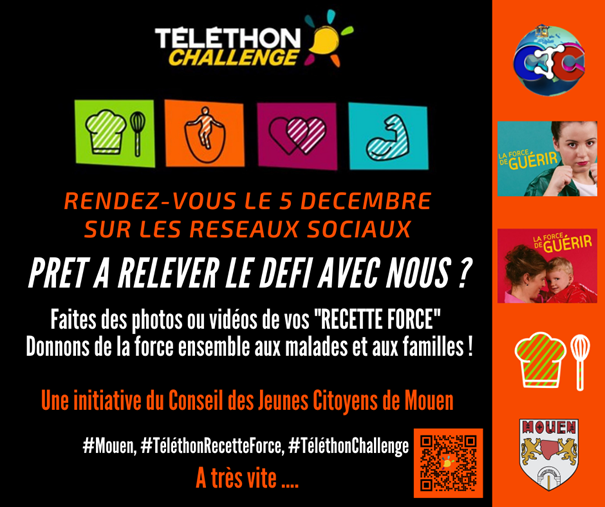 MairieMouen's tweet photo. 05 décembre, sur la page de la Mairie de Mouen

Le Conseil des Jeunes Citoyens de Mouen participera au Challenge "RECETTE FORCE" en soutien au téléthon et pour donner de la force aux malades et aux familles. https://t.co/0WjXvBPIqU