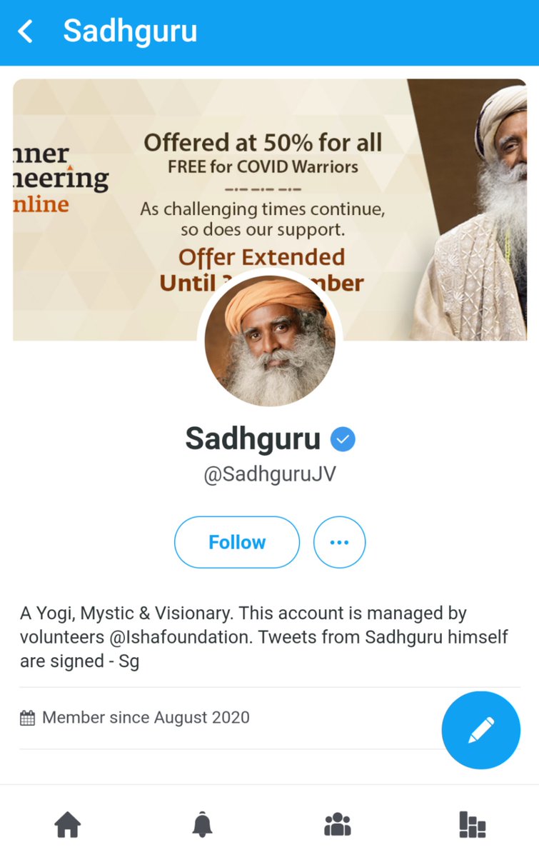 Say hello to Sadhguru, who's profile still says 'tweets'. But interesting that they've gone with an "influencer-first, users will follow" strategy.