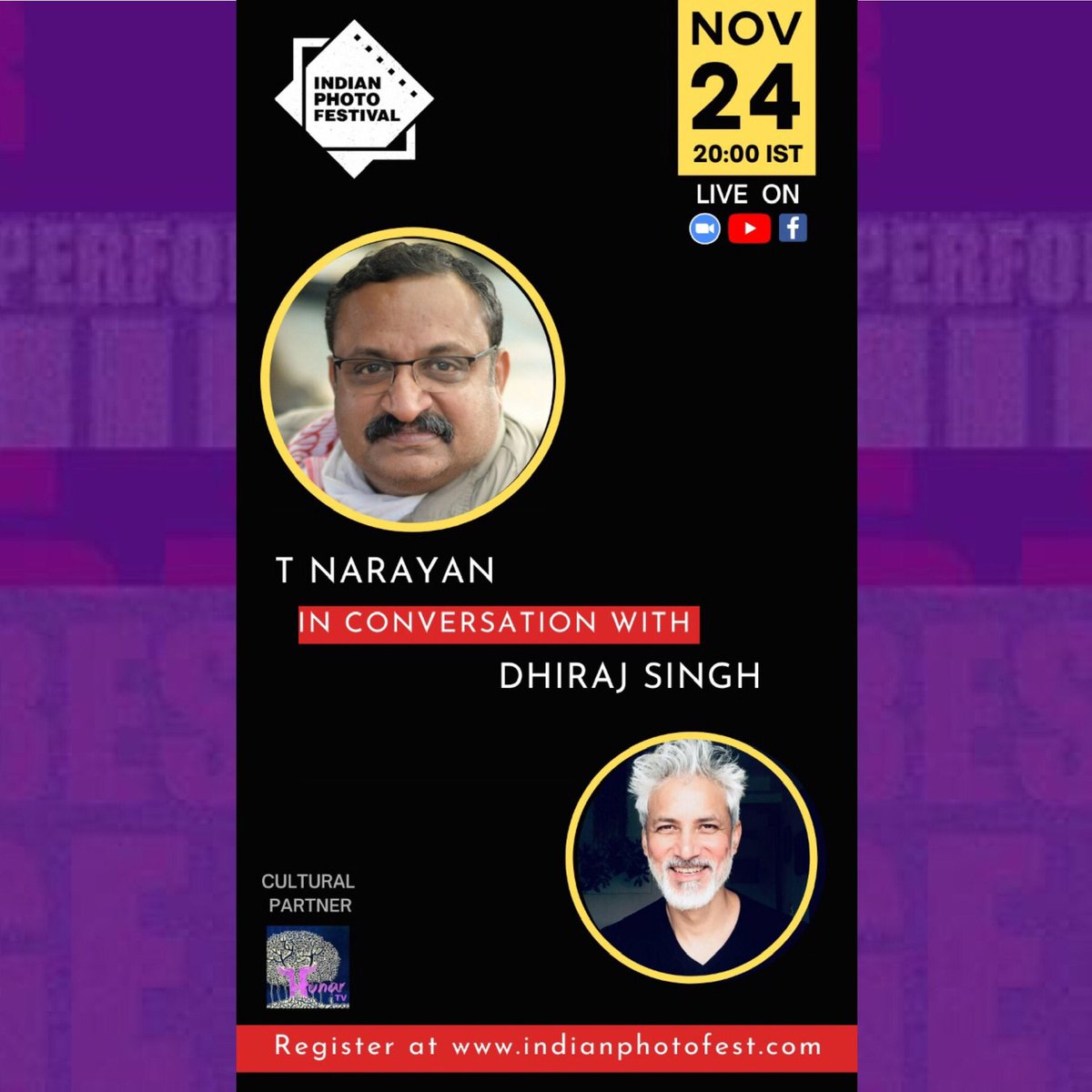 Hunar_TV's tweet image. @indianphotofest in collaboration with @Hunar_TV is pleased to present TODAY Nov 24, 2020 @ 08:00 PM India an Artist Talk featuring #photographer T. Narayan in conversation with #HunarTV co-founder @i_dhirajsingh #photographylovers #photography #covid19 
indianphotofest.com