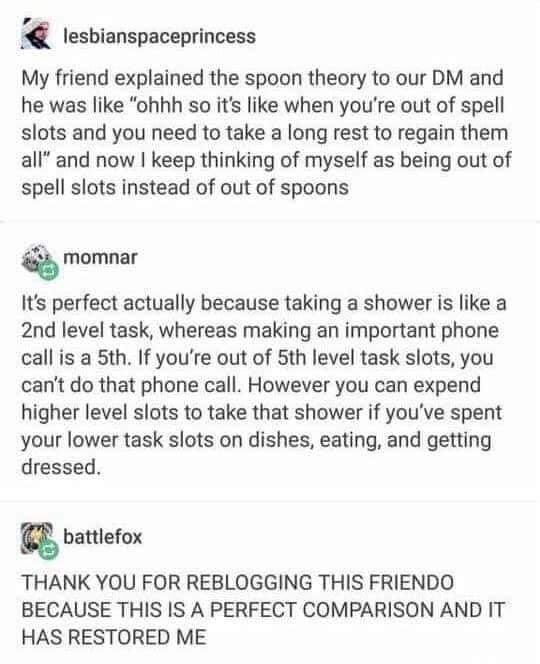jesdru's tweet photo. Real life relatable d&amp;d

And for some personality types  (classes) certain actions are lower or higher level <3
Now I’m gonna get my long rest so I can regain my big old take care of the bebe spell slots ^_^ https://t.co/e1gbeFa632