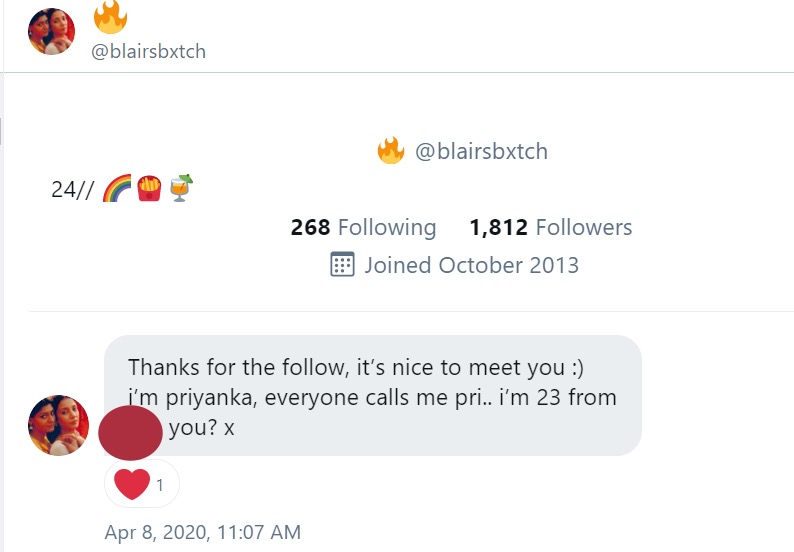 EXTRA PROOF: when I told my mutuals that I was 100% sure it was PS, many of them checked their DMs & saw they had messages with "blairsbxtch" & scrolled up to see that the account was in fact PS's account. Other's confronted her & she herself confirmed.