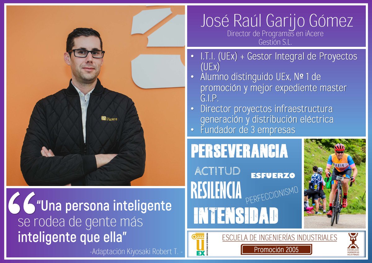 Hoy presentamos a José Raúl Garijo Gómez, Director de Programas en IAcere Gestión, estudiante de Ingeniería Técnica Industrial y Máster en Gestión Integral de Proyectos, promoción 2005 de nuestra <a href="/eii_uex/">E.II.II. UEx</a> de la <a href="/infouex/">UEx</a>. Perseverancia, actitud, esfuerzo! @consejoeii <a href="/CEXITI/">CEXITI</a>