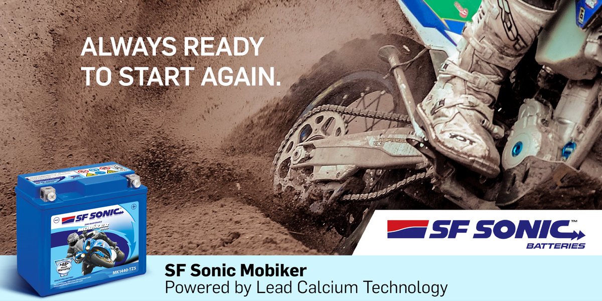 SFBatteries's tweet photo. Living an action-packed life on a two-wheeler requires power. SF Sonic Mobiker is charged with Advanced Lead Calcium Technology that gives it a long life with no corrosion and lots of 
power. #SFSonic https://t.co/QCTJXLnN69