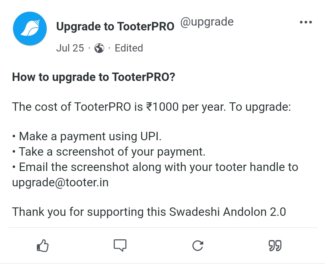 Hmmm. It offers an upgrade to TooterPRO. ₹1000 per year. 