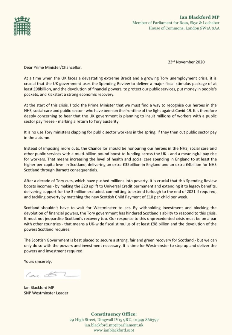 I've written to  @BorisJohnson and  @RishiSunak setting out  @theSNP's calls for a £98billion+ fiscal stimulus package, and the devolution of financial powers, to protect our public services, put money in people's pockets and kickstart a strong economic recovery  #spendingreview