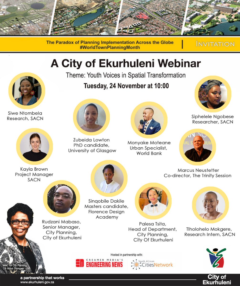 🚨REMINDER📢 join us at 10am today, for the Youth Voices in Spatial Transformation Webinar in partnership with <a href="/City_Ekurhuleni/">CITY OF EKURHULENI</a>, <a href="/EngNewsZA/">Engineering News</a> &amp; <a href="/SACitiesNetwork/">SA Cities Network</a>.

💻Register here:  bit.ly/2UqHDa2