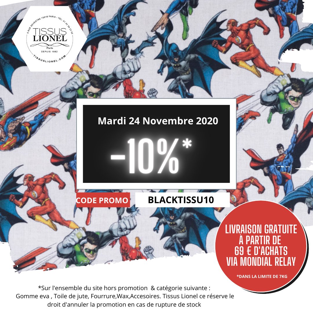 Découvrez notre offre  du Black Friday🇨🇵 #Tissus lionel 10 % de réduction sur l'ensemble* du site rendez-vous sur buff.ly/2HQN9OO ou rendez-vous tout les jours à 9h sur cette page pour découvrir une nouvelle offre jusqu'au 29 Novembre 2020.