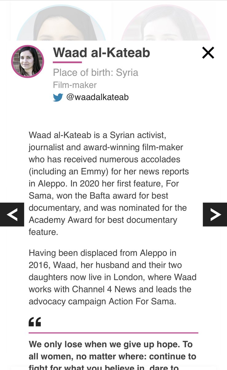 Incredibly proud that ⁦@waadalkateab⁩ has been named as one of the BBC’s 100 women what a journey from making reports for ⁦@Channel4News⁩, producing #forsama with us & now joining us in the UK, to this established by another ⁦@Channel4News⁩ joiner ⁦@lilo11