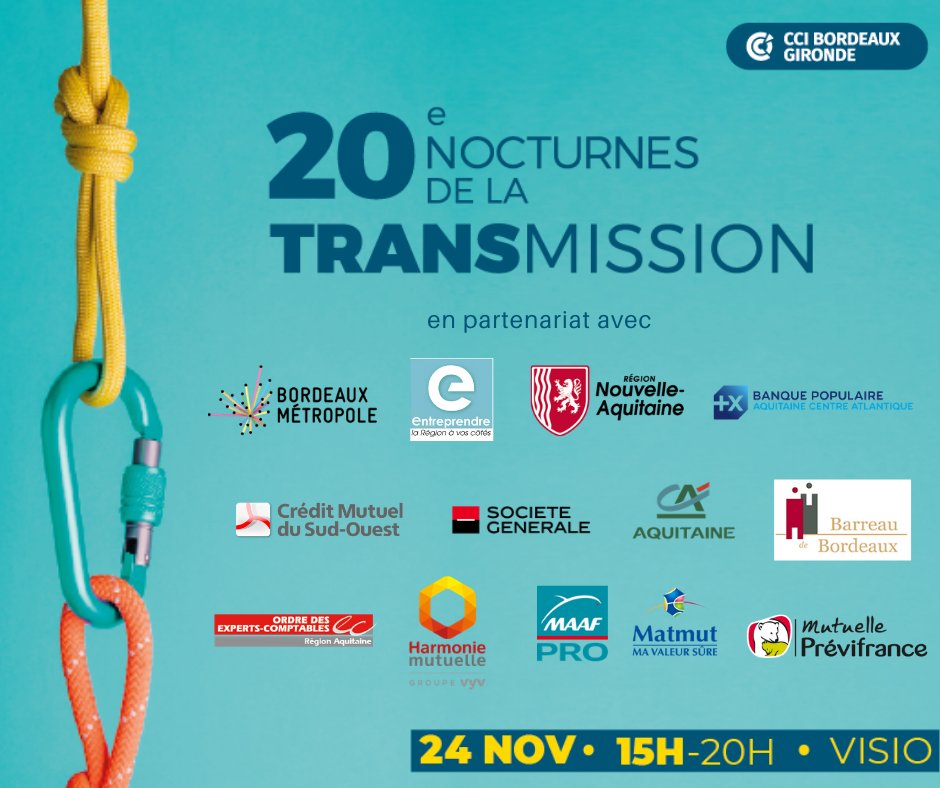 [JOUR J] #NocturnesTransmission Merci à nos 🤝 partenaires #experts #cession #reprise présents à nos côtés : <a href="/NvelleAquitaine/">Nouvelle-Aquitaine</a> <a href="/BxMetro/">Bordeaux Métropole</a> @BP_ACA <a href="/CMSudOuest/">CMSudOuest</a> <a href="/CAAquitaine/">CA Aquitaine</a> <a href="/BarreauBx/">Ordre des Avocats de Bordeaux</a> @OecAquitaine <a href="/hmutuelle/">Harmonie Mutuelle</a> <a href="/MAAFAssurances/">MAAF</a> <a href="/Matmut/">Matmut</a> <a href="/previfrance/">Mutuelle Prévifrance</a> <a href="/SocieteGenerale/">Societe Generale Group</a>